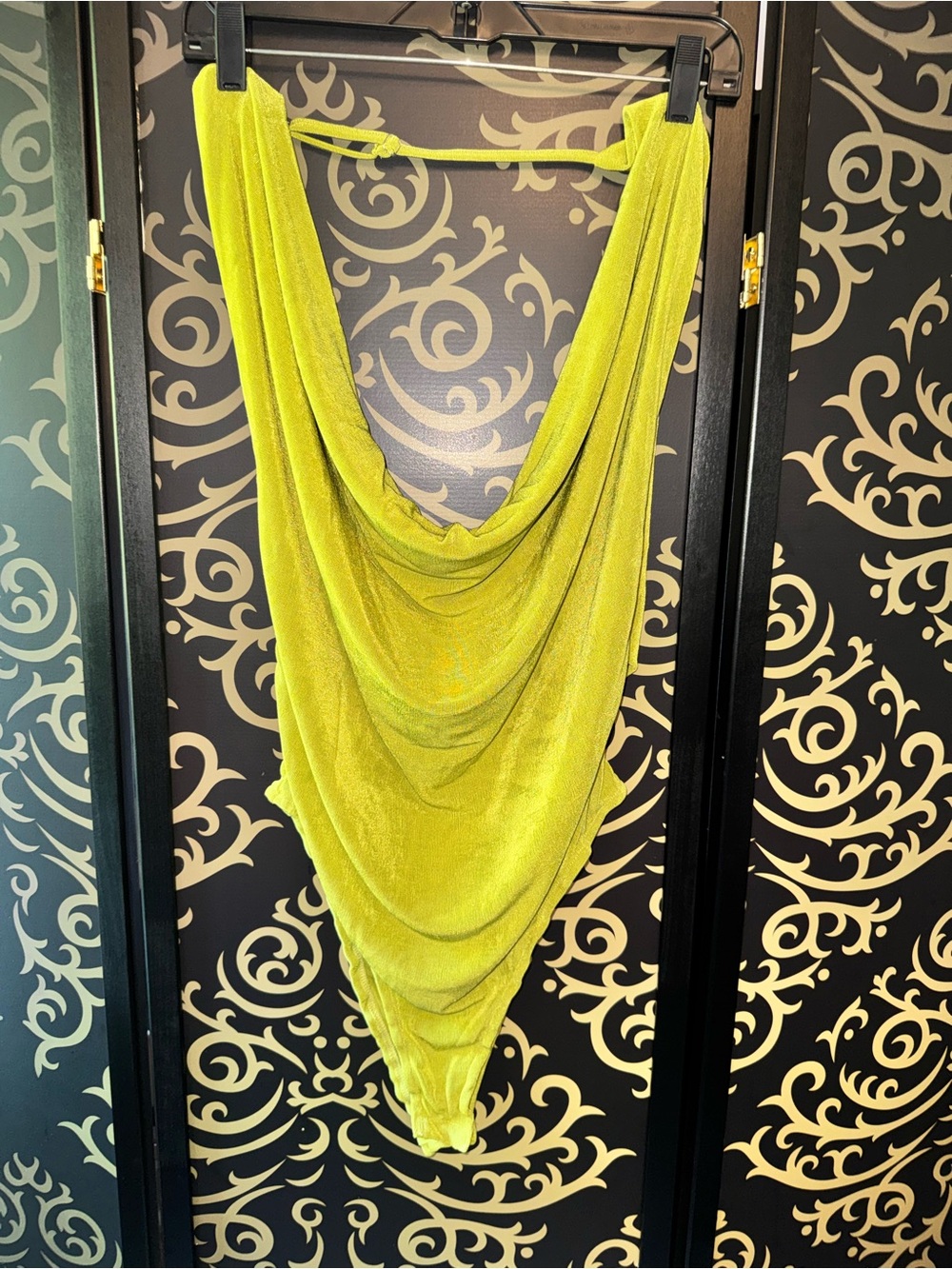 Fashion Nova Neon Lime Cowl-Back Sheer Draped Bodysuit